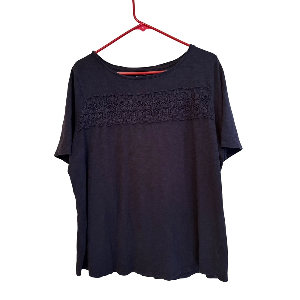 Talbots Woman Navy Blue Crochet Lace Trim Slub Knit Tee Shirt 2X